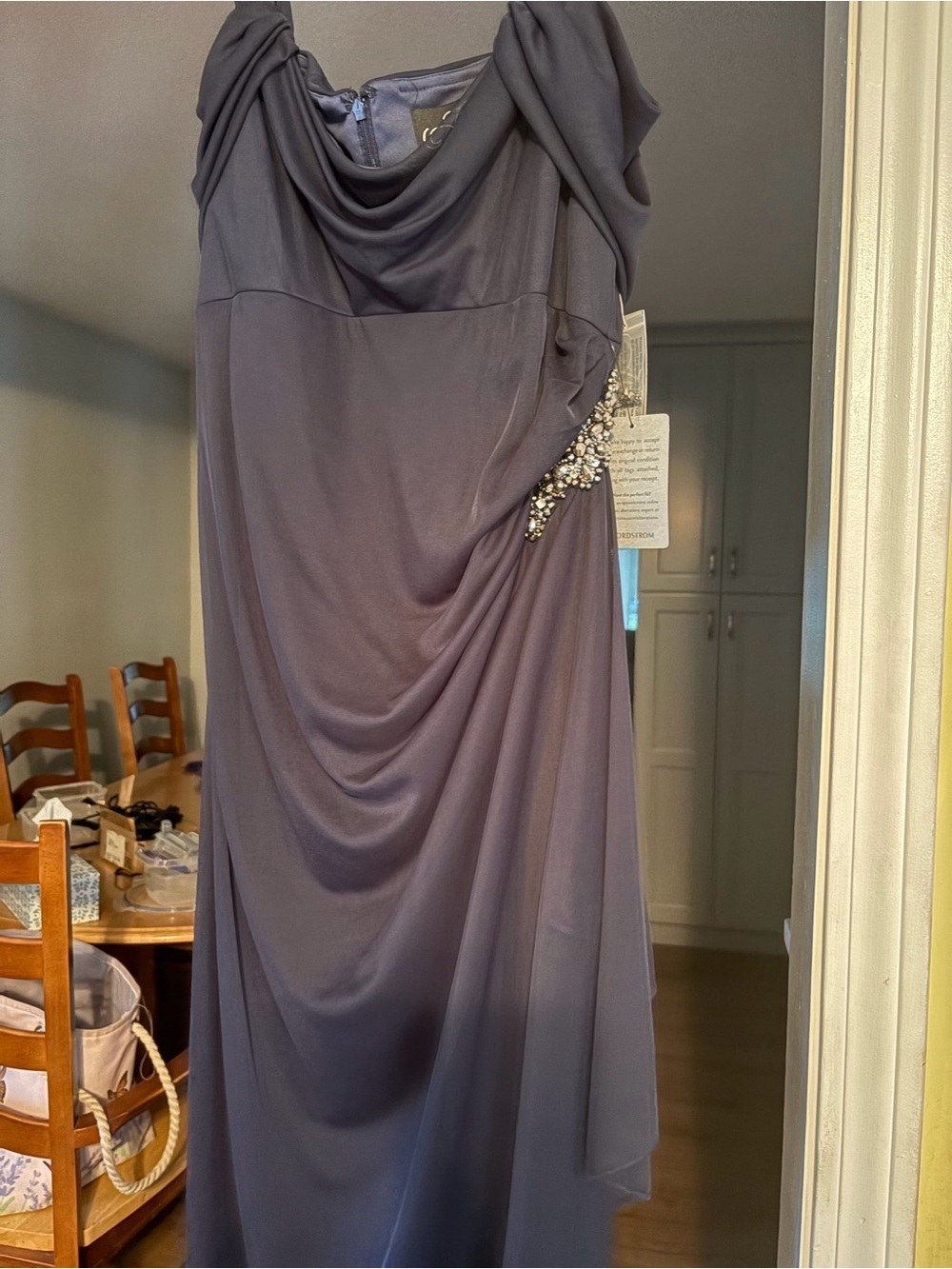 Alex Evenings Navy Cold-Shoulder Column Gown with Hip Embellishment - Picture 4 of 5